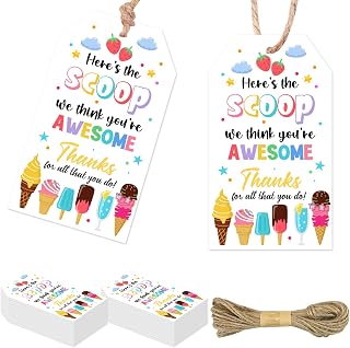 Serencatcher 50pcs Ice Cream Themed Employee Appreciation Gift Tags, Here's the Scoop We Think You're Awesome Thanks for All That You Do Favor Tag with String for Staff Coworkers Teachers Appreciation