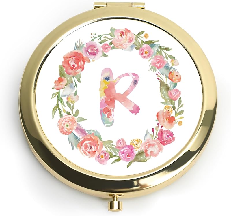 Espelho compacto redondo QUSTGO com monograma floral personalizado, 1X e 2X, moldura dourada, com caixa para presente