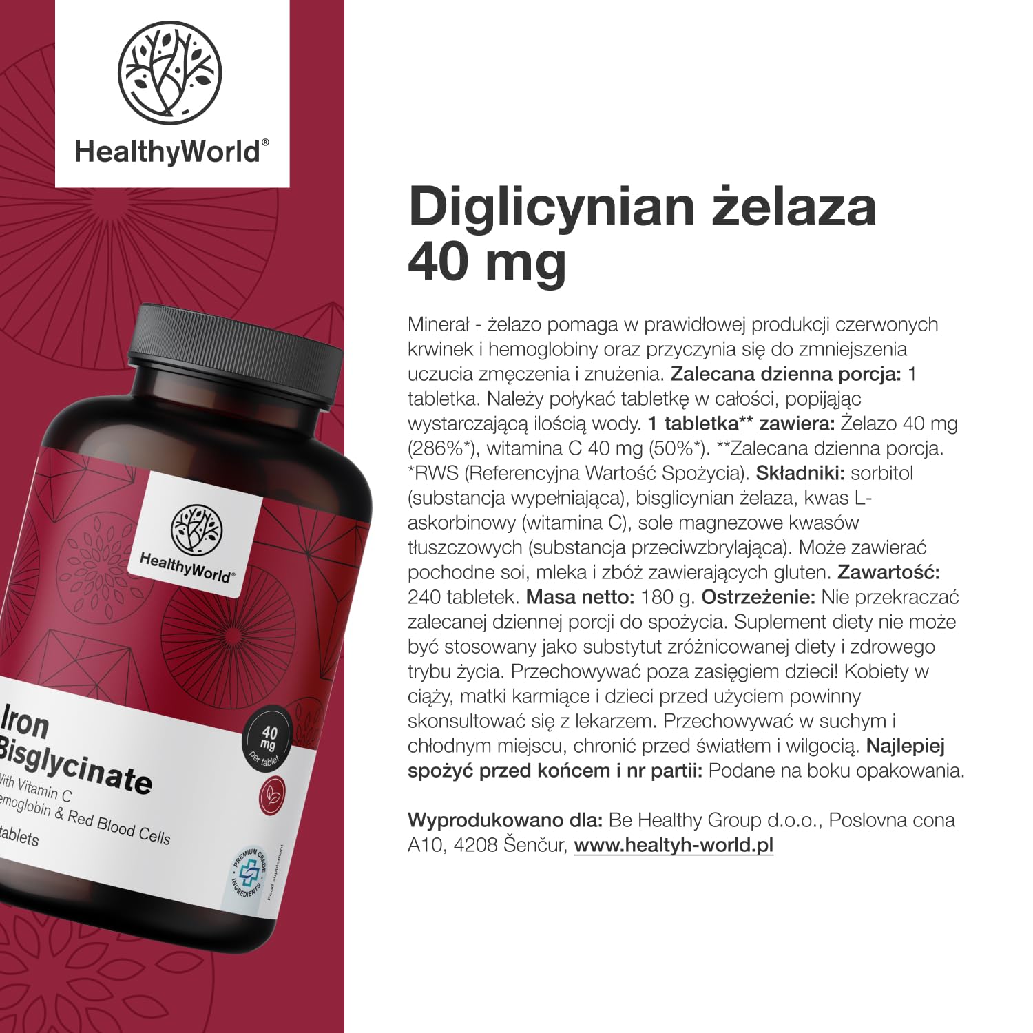 HealthyWorld Diglicynian żelaza 40 mg - Z Witaminą C - 240 Tabletek - 8-miesięczny Zapas - Bez GMO i Bez Sztucznych Barwników - 40 mg Żelaza, 40 mg Witaminy C - Najlepsza Jakość