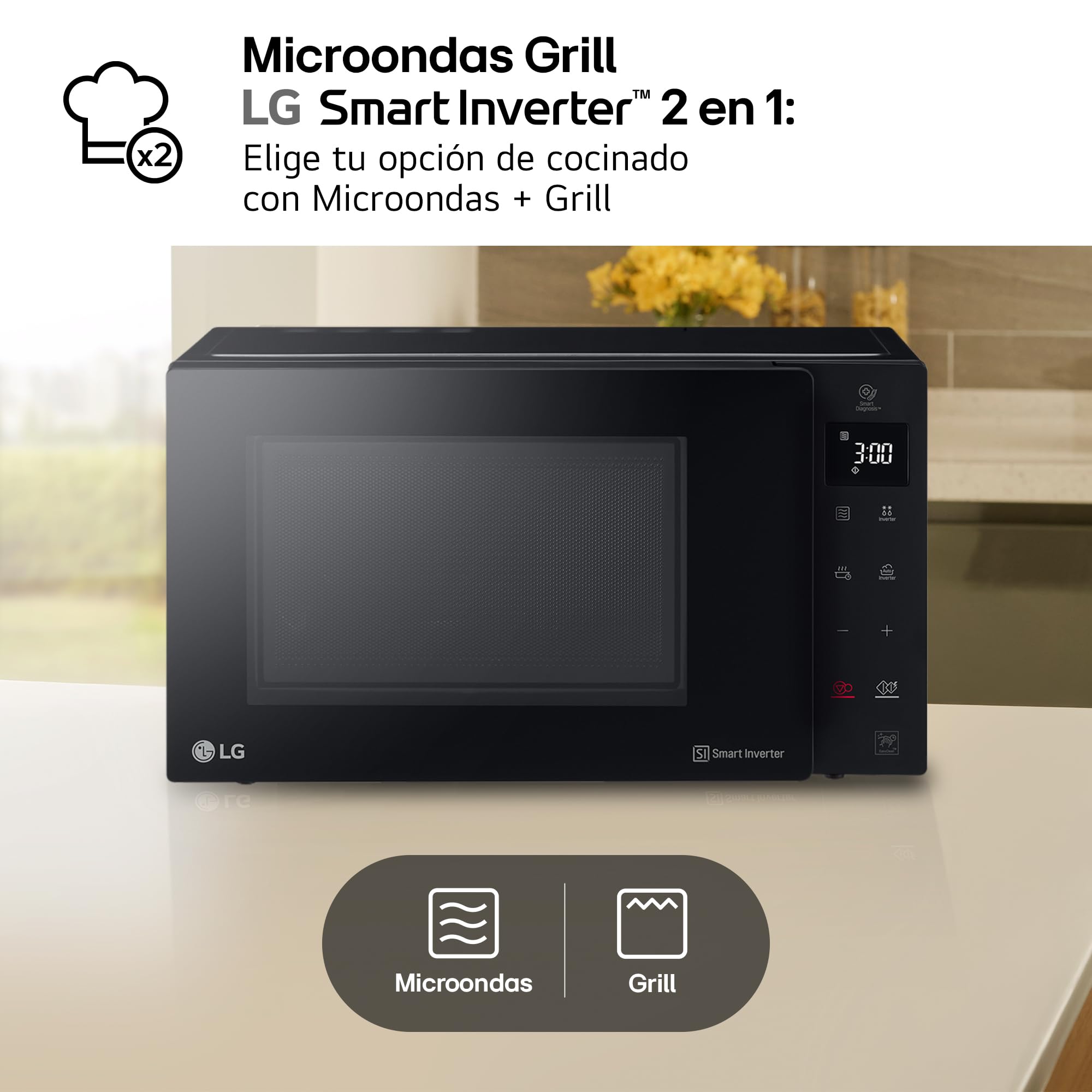LG MH6535GIB - Microondas con grill, 1000 W, Smart Inverter, Display digital, Color Negro Transparente, 1000 W, 25 l