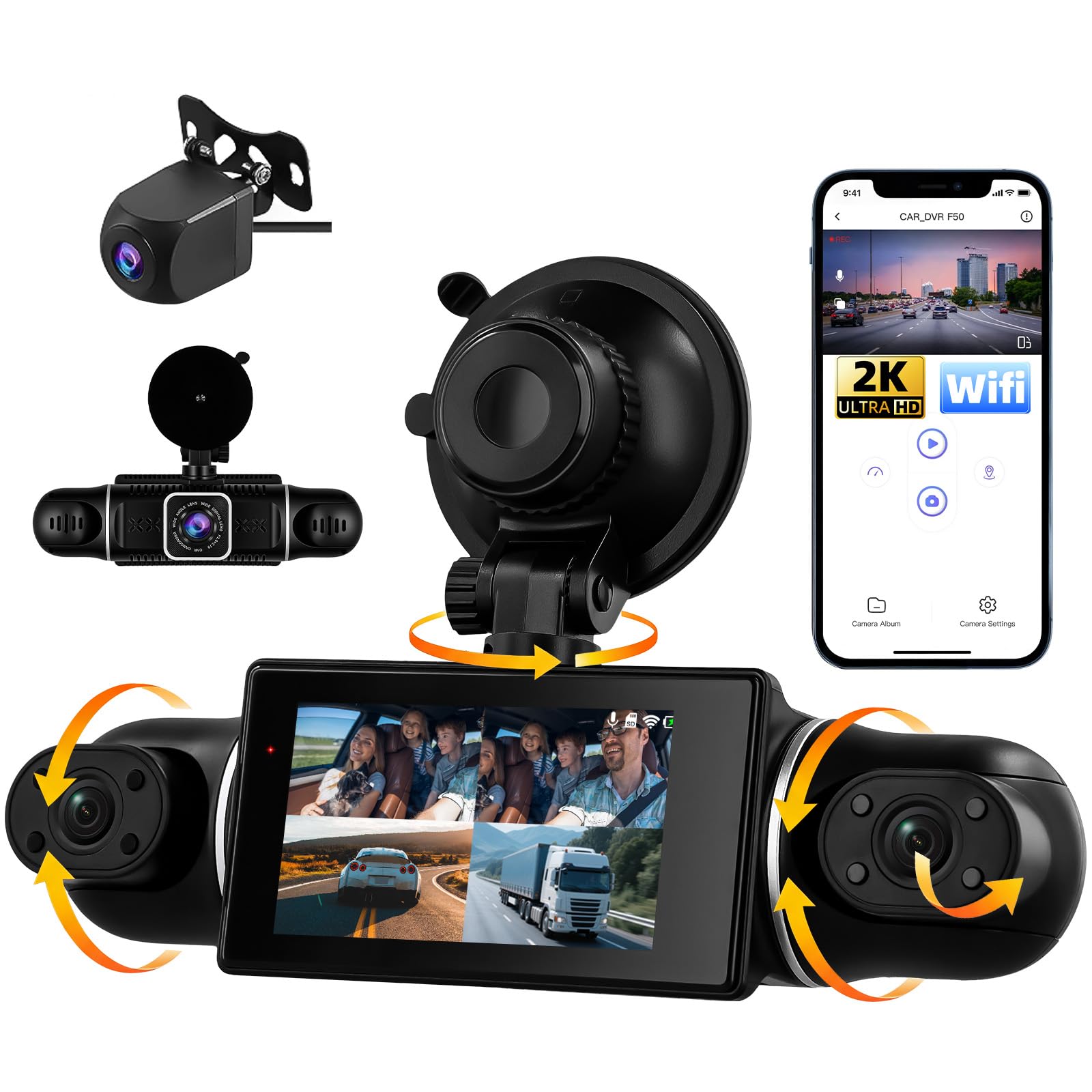 SIXWIN 2K Dash CAM 360° para Coche, 4 Cámaras Full HD 1080P, Pantalla IPS 3", WiFi y App, Sensor G, Vigilancia Estacionamiento, Visión Nocturna, Grabación en Bucle, Incluye Cámara Trasera