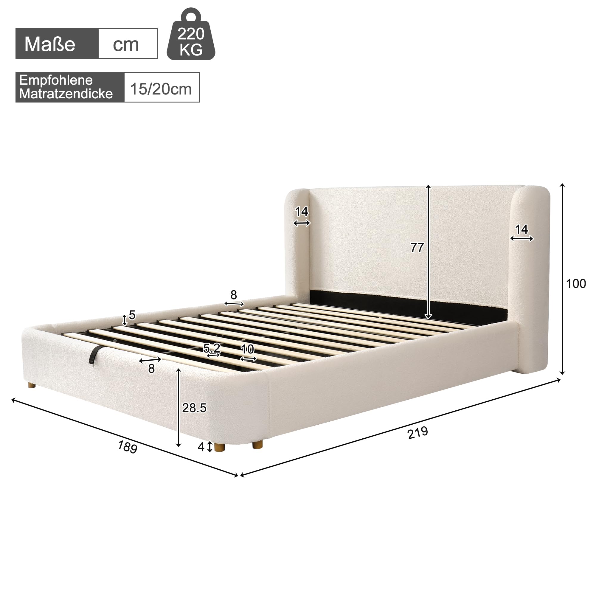 Mrwoo Cama Tapizada 160x200cm de Almacenamiento Hidráulico, Cama con Somier de Láminas, Bouclé, Beige (Cama Sin Colchón)