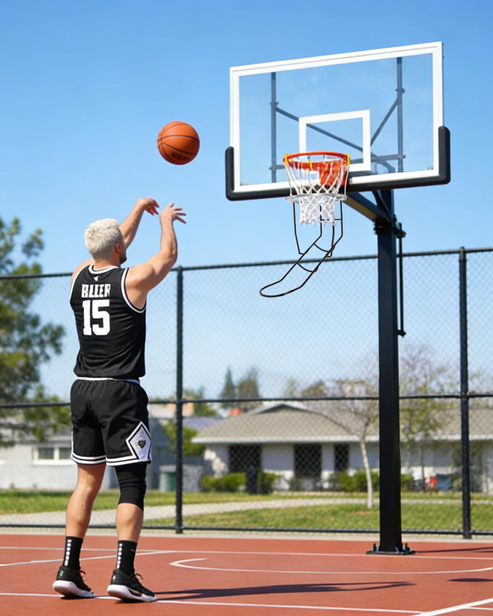 Verbesserter Basketball-Schuss-Trainer-Rebounder, robuster Basketball-Rücklaufaufsatz mit 360° drehbarer Schütte, tragbare Ballrückführung, Trainingshilfe, passend für Standard-45,7 cm Reifenfelgen