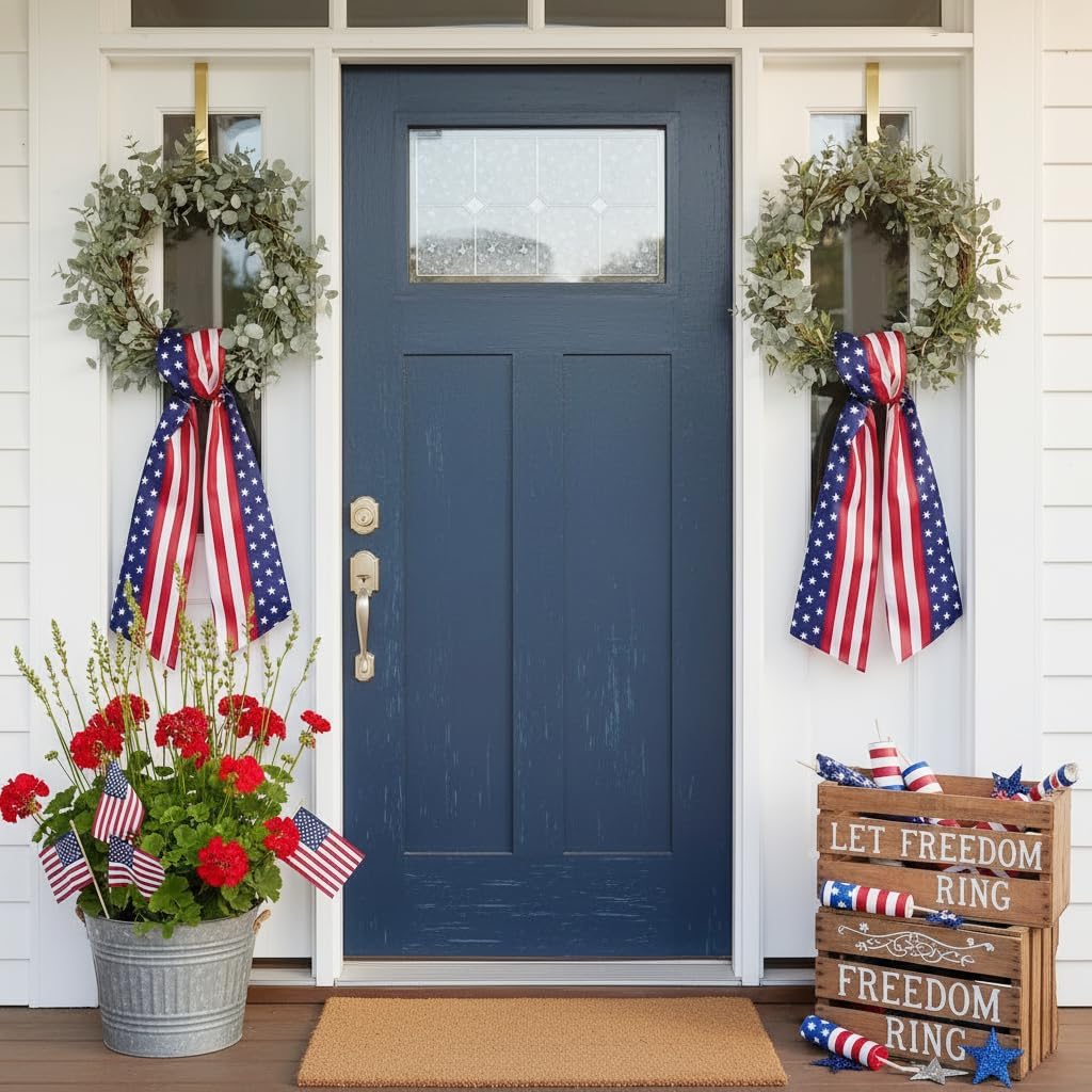 Yuubin 2 Pcs 4th of July Wreath Sash Patriotic Wreaths for Front Door Embroidery Monogram Garland Red Blue Patriotic Ribbon Accessories Yard Doorway Outdoor Indoor Party Wall Decorations