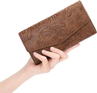 GOIACII Women's Wallet RFID Blocking Credit Card Holder Ladies Clutch Purse with Zipper Coin Pocket Embossed Flower Brown