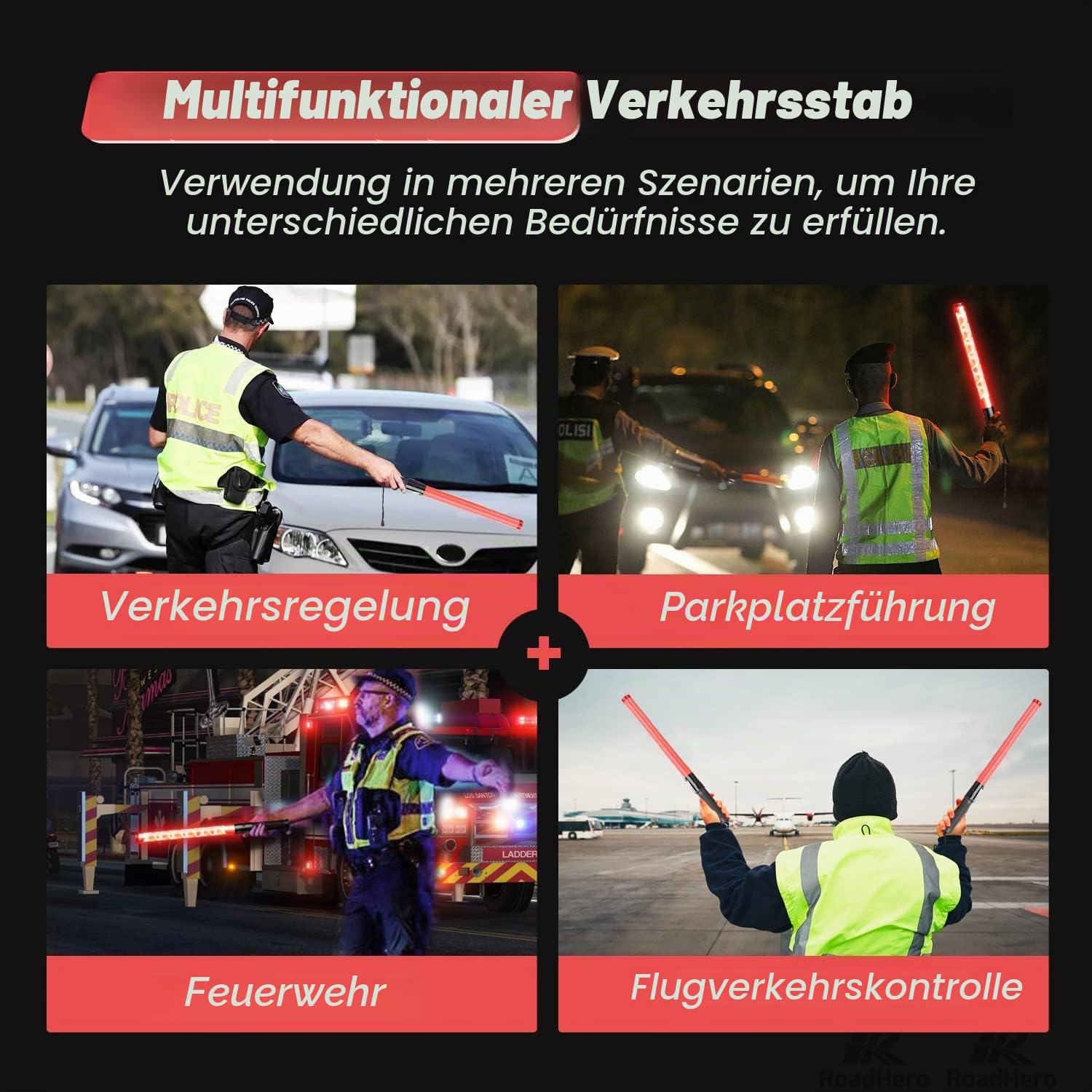 RoadHero 6er-Pack Verkehrsstäbe, 53,3 cm LED Verkehrskontrollstäbe mit 2 Blinkmodi, Luftverkehrsleitstab mit Seitenclip für Flughafen, Parken, direktes Leiten von Autos