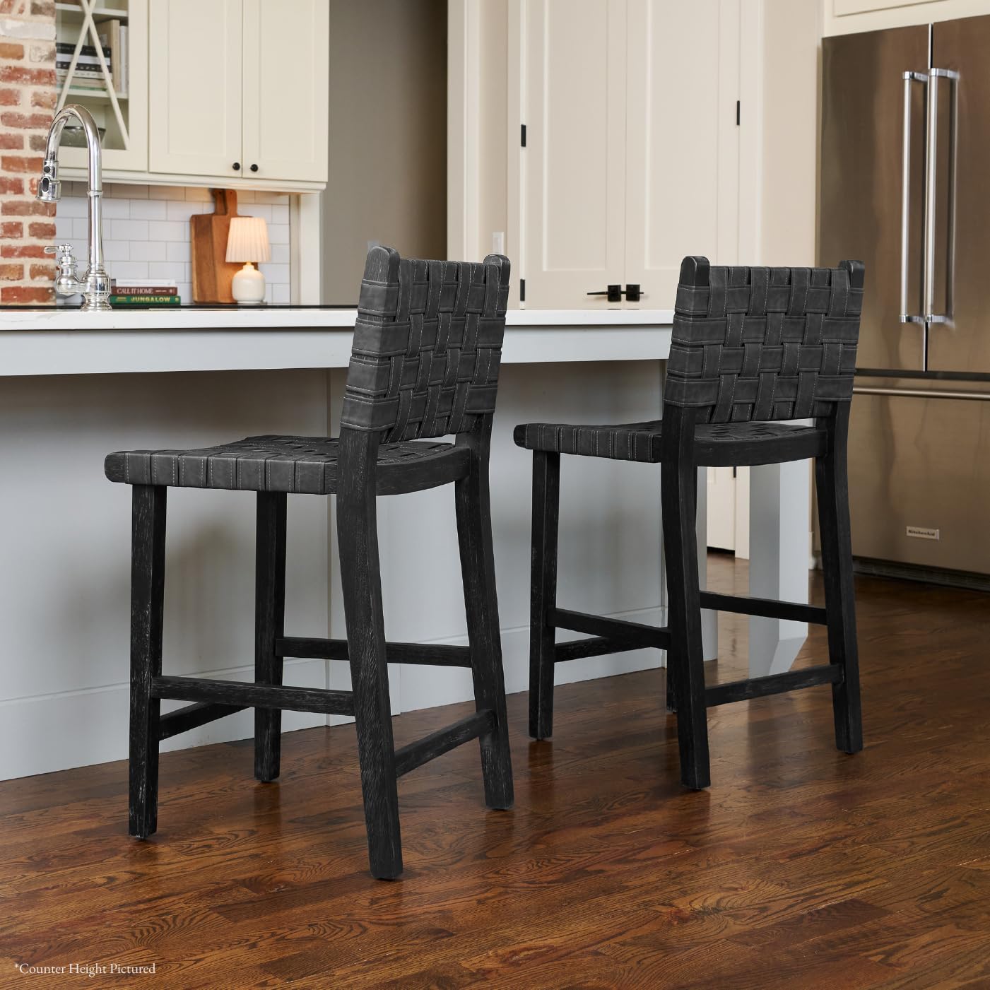 Maven Lane 30" Noah Barstool with Back - Modern Solid Wood Bar Height Chair with Artisan Woven Black Finish and Dark Grey Faux Leather Barstools for Kitchen Island, Dining Area