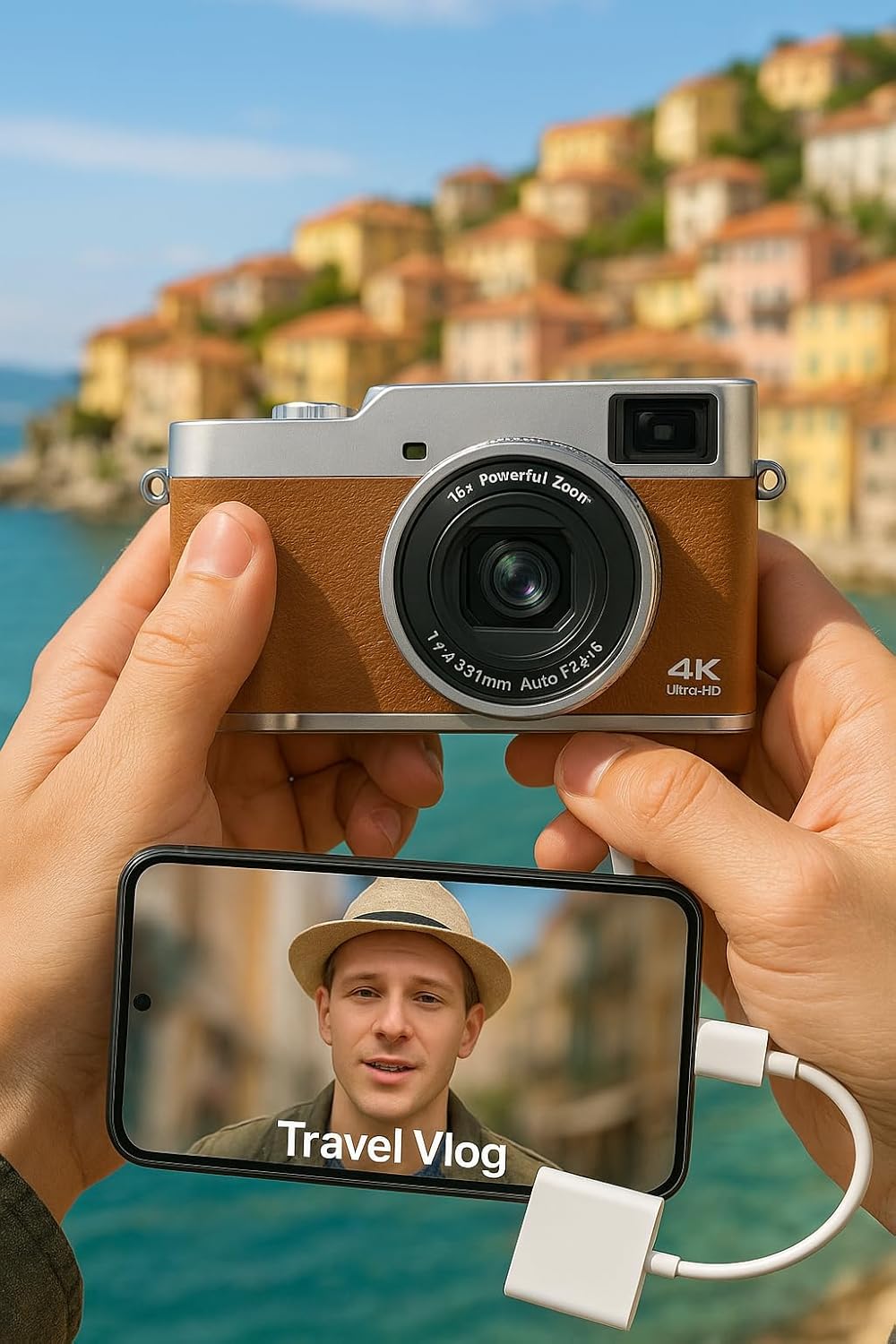 4K Digital Camera with 48MP Ultra HD, 16X Digital Zoom, 2.8" IPS Screen, Autofocus, Vlogging Camcorder, External Mic & Flash Support, TF Card Slot (Brown)