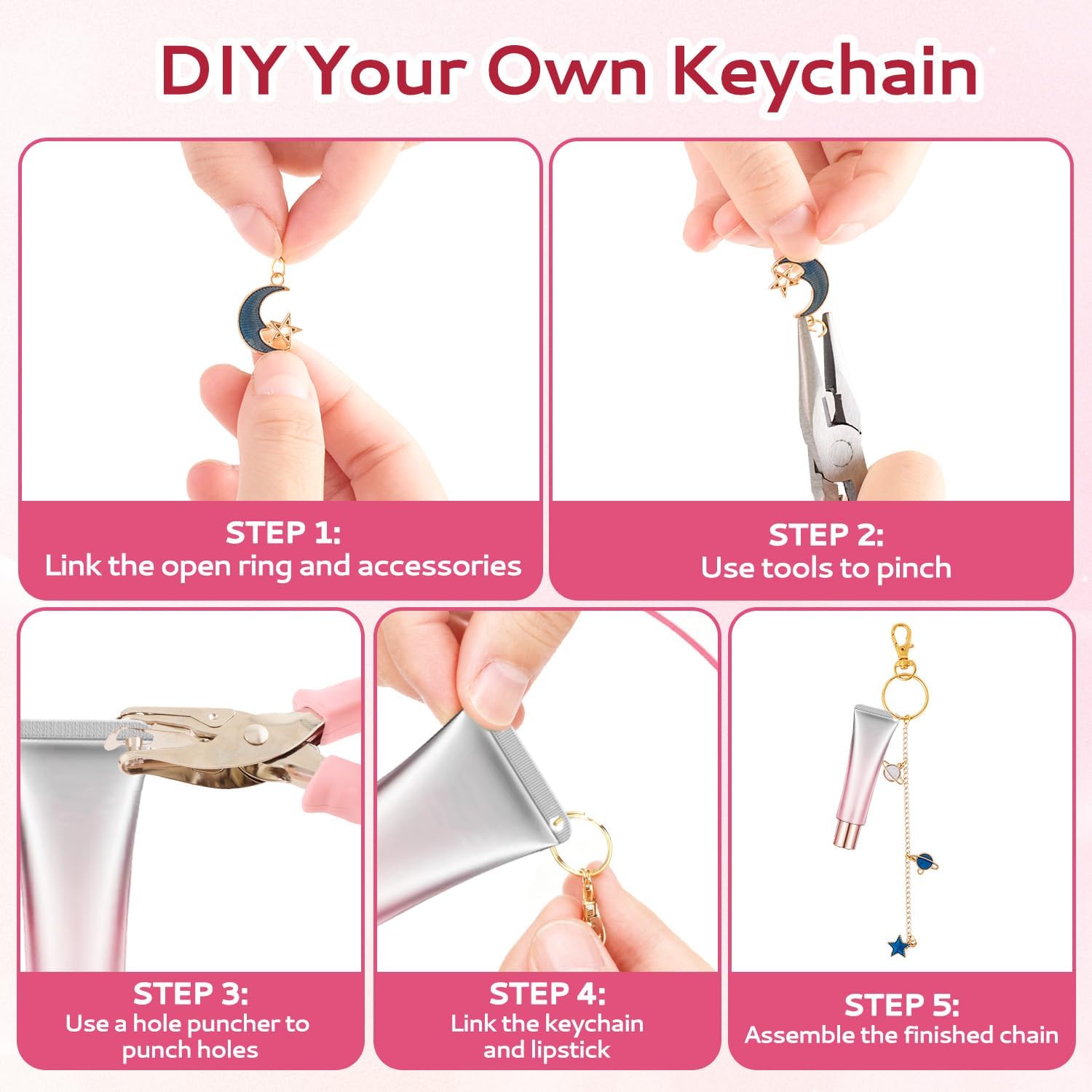 Dfqsofd 213Pcs Lip Gloss Keychain Making Kit, Including 33ft Gold Extender Chain 100 Charms 100 Jump Ring 10 Keychain Clips, Hole Punch and Jewelry Plier for DIY Crafts Women - Image 6