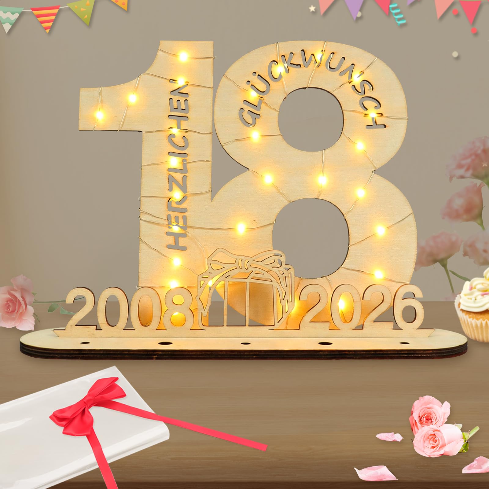 Seutgjie Originelle Geschenk 18. Geburtstag Junge Mädchen 2008-2026, Geldgeschenke Geburtstag 18 mit LED Lichterkette Geschenkpapier, Holz 18 Geburtstag Deko Tischdeko Schild Gästebuch