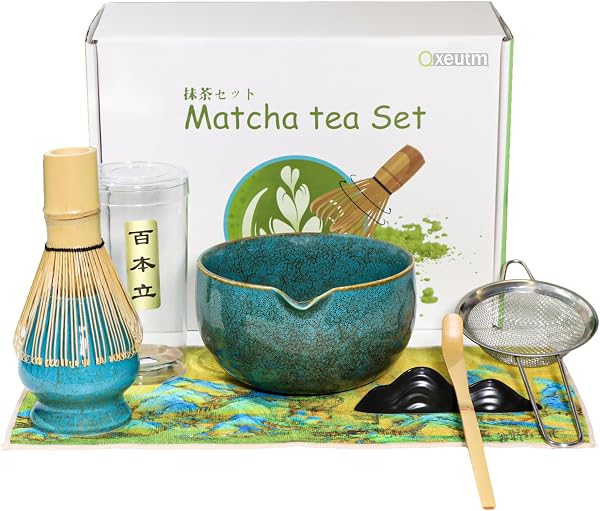 Matcha 7-częściowy zestaw do herbaty matcha, z miską do matchy z lejkiem i bambusowymi Chasami (100+ końcówek), uchwytem, łyżką, sitkiem, chusteczką, kompletny zestaw startowy ceremonialny