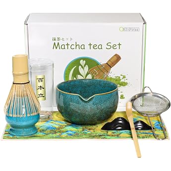 Matcha Set Hand-Turned Matcha Tea Set with Bamboo Matcha Broom Ceramic Matcha Bowl Spoon and Holder 7-Piece Premium Ceremonial Matcha Set Blue