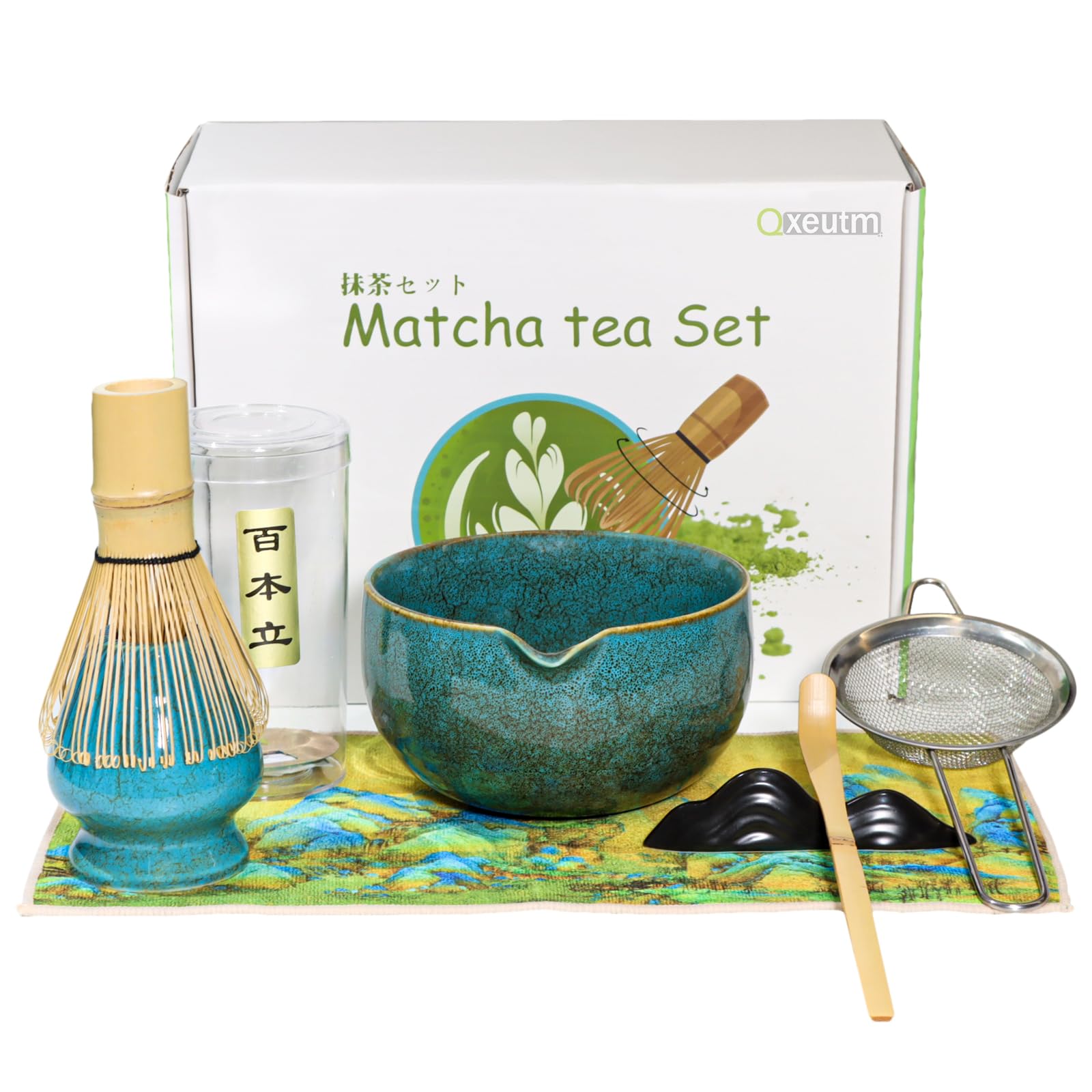 Qxeutm Matcha Set 7-teiliges Premium Matcha Tea Set mit Matcha Schale mit Ausgießer & Bambus-Chasen (100+ spitzen), Halter, Löffel, Sieb, Sacktuch, Komplettes ceremonial Matcha Starter Set (Blau)