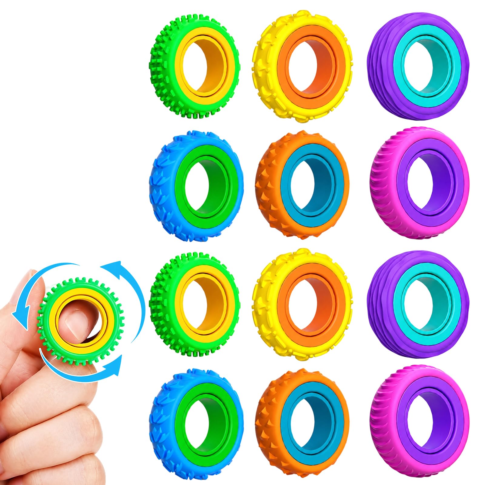 Fidget Rings Set of 12, Colourful Rotating Sensory Toys, Stress Relief & Focus Fidget Toys for Kids & Adults, Portable Spinner Rings for Calm & Concentration