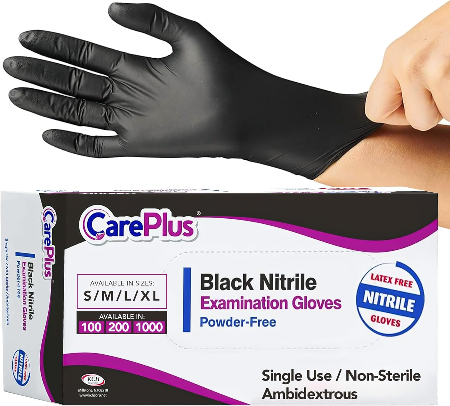 CARE PLUS Nitrile Gloves for Medical Use - Powder & Latex-Free - Black/Blue - S, M, L, XL - 100, 200, 1000