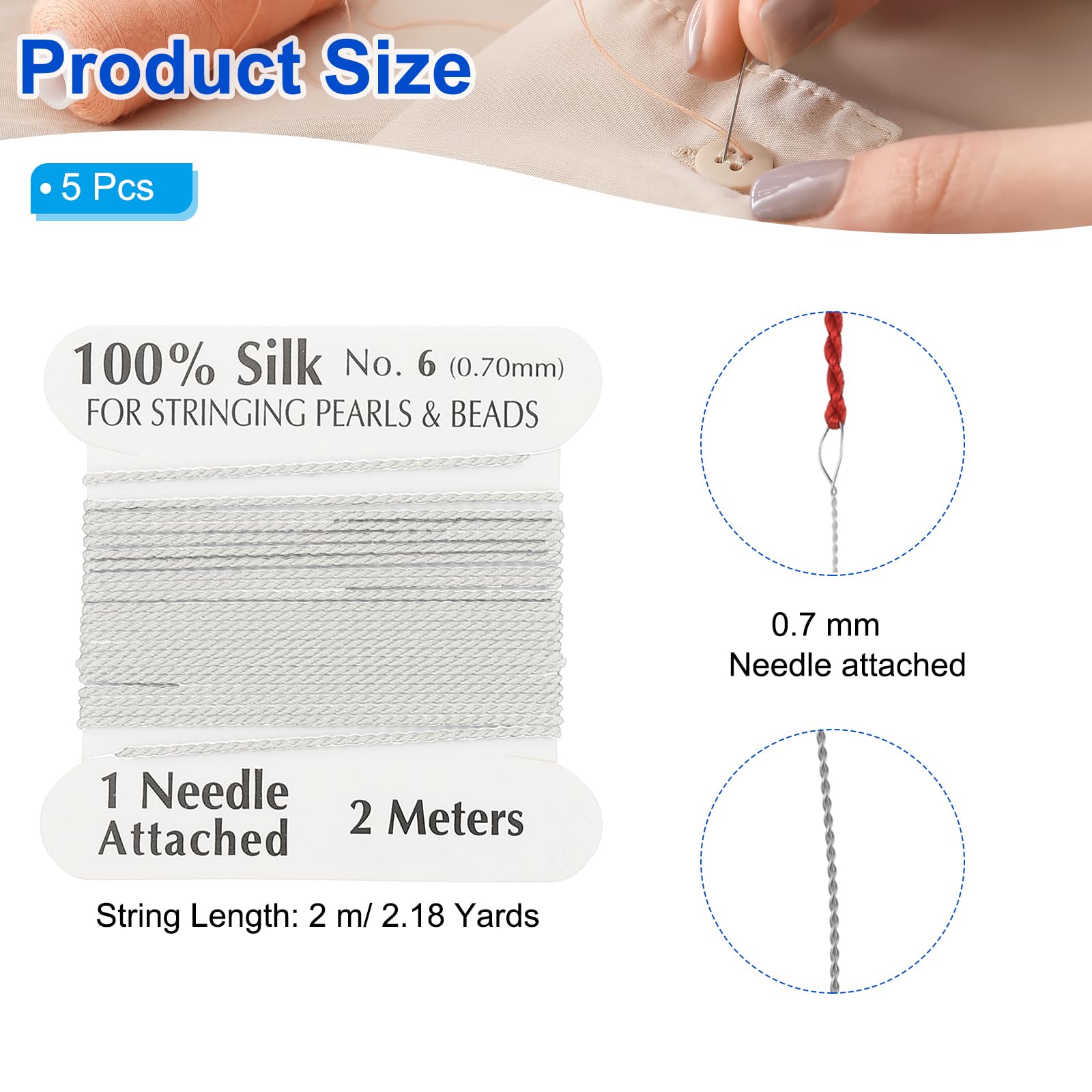 PATIKIL Silk Cord Thread, 5 Pcs Pure Silk Beading Thread Cord Size 0.7 mm with the Knotting Pearls Needle Attached, White - Image 2