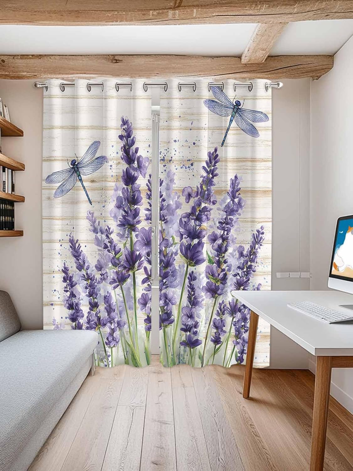 Purple Floral Lavender Dragonfly Kitchen Curtains Window Drapes Treatment, 2 Panels Sheer Curtains for Kitchen Cafe Office, Retro Country Wooden Board 104W x 96L inch