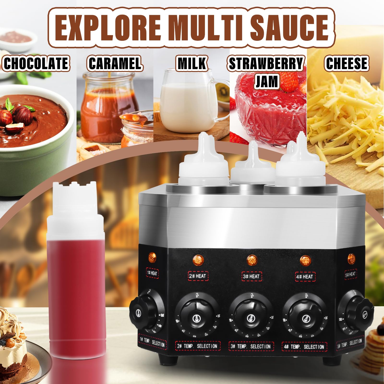Dispensador eléctrico comercial para calentar salsas, 0.68 x 5 cuartos de galón, chocolate caliente, queso nacho, calentador de 30.0-85.0 °C, con botellas ajustables