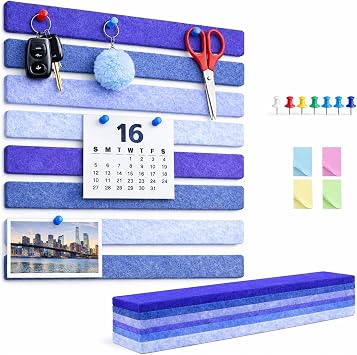 Felt Bulletin Board Strips for Wall 16 Pack 13"x2" - Felt Pinboard Strips with 70 Push Pins and 200 Sticky Notes, Adhesive Cork Board Alternative for Office, Dorm, Photos, Notes Mix Blue