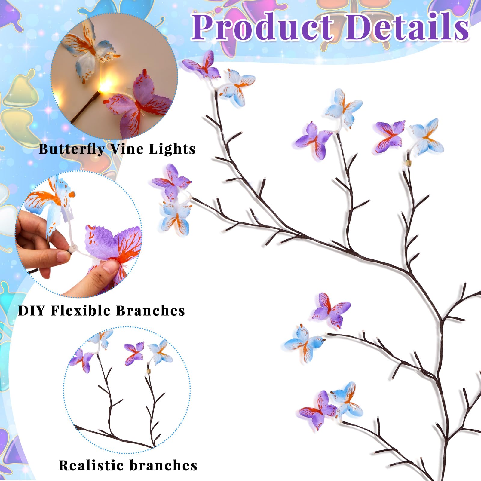 Glooglitter 2 set di luci a forma di farfalla in salice incantato, 1,5 m, 72 LED, decorazioni natalizie, ramo di albero a farfalla, luci regalo per parete, camera da letto, camino, casa, finestra