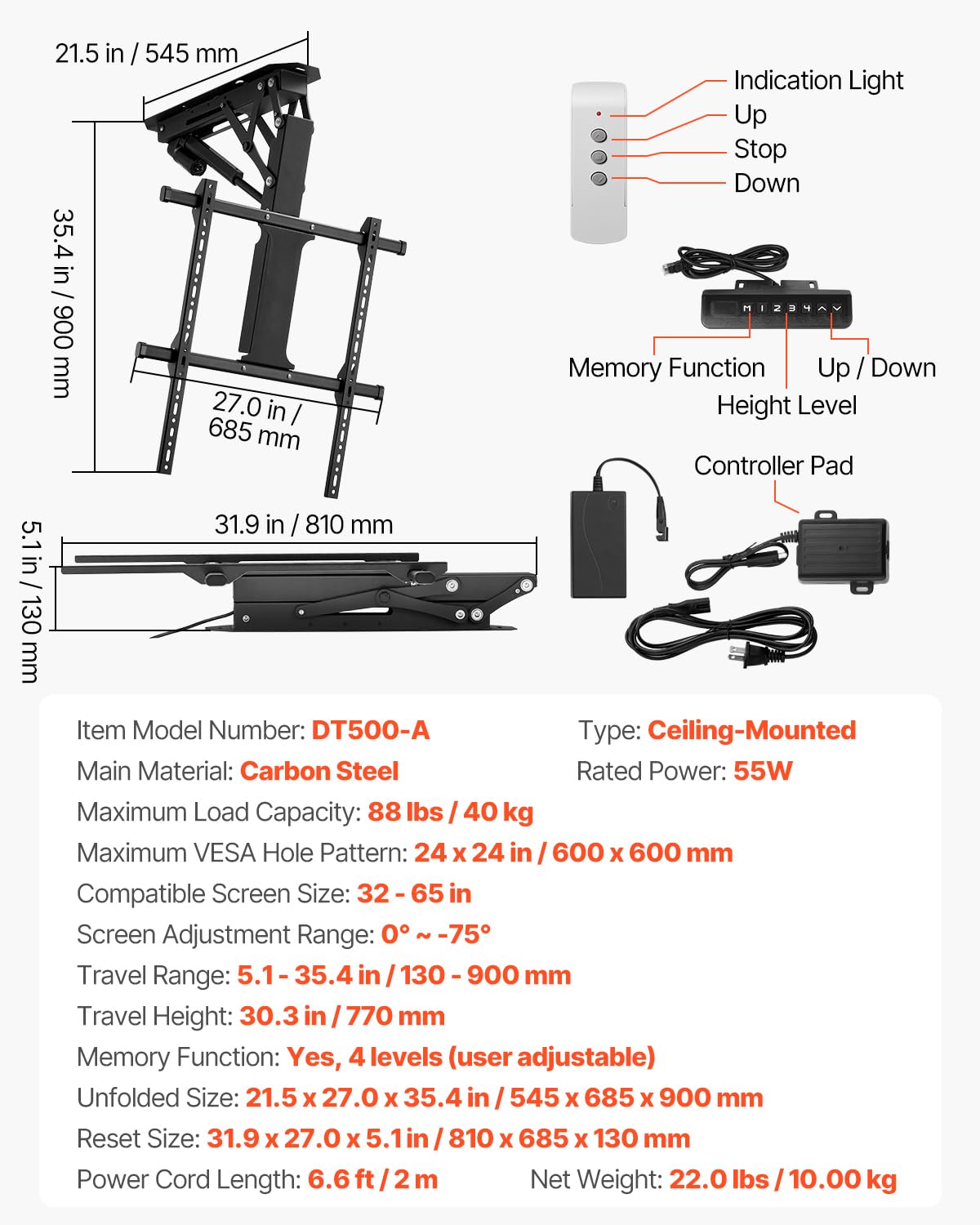 VEVOR Support TV Plafond Motorisé pour Écrans 32-65 pouces/81,3-165 cm, Fixation TV Réglable Électriquement, Accroche Téléviseur avec Capacité de Charge de 40 kg, Max. VESA 600x600 mm, Maison Bureau