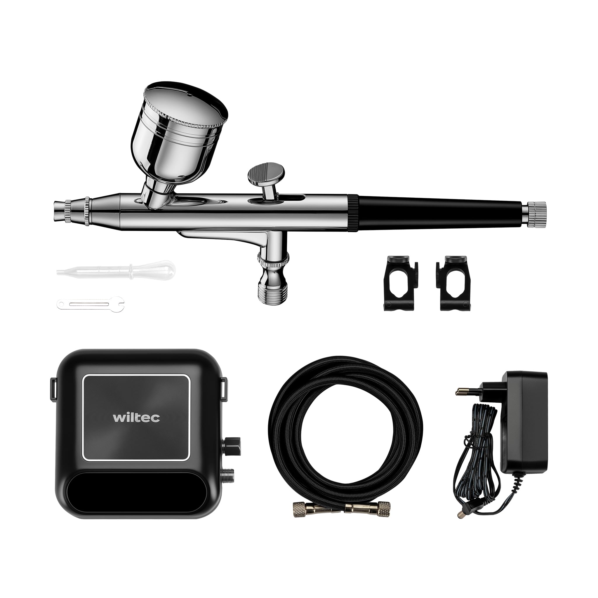 Wiltec HS-A10K Set compresor portátil de 12V con aerógrafo, boquilla 0,3 mm y manguera de 1,8 m presión máx. 2,8 bares para aerografía, tatuajes y manicura, arranque y parada automáticos