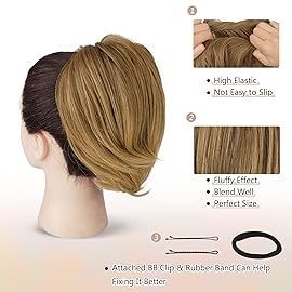 BARSDAR Brown Hair Bun Ponytail Extension, Straight Synthetic Ponytail Extensions - Fully Short, Light Golden Brown