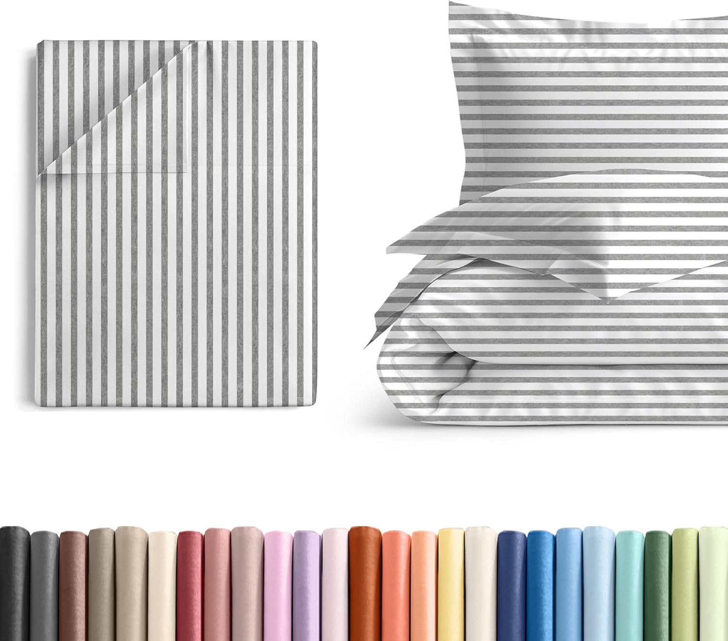 Queen Size Flat Bed Sheet + Duvet Cover Bundle - Hotel Luxury Single Flat Bottom Sheet Only - Fits Mattresses w/ Deep Pockets between 8 to 16 inches - Soft, Breathable & Wrinkle Free - Grey Stripes