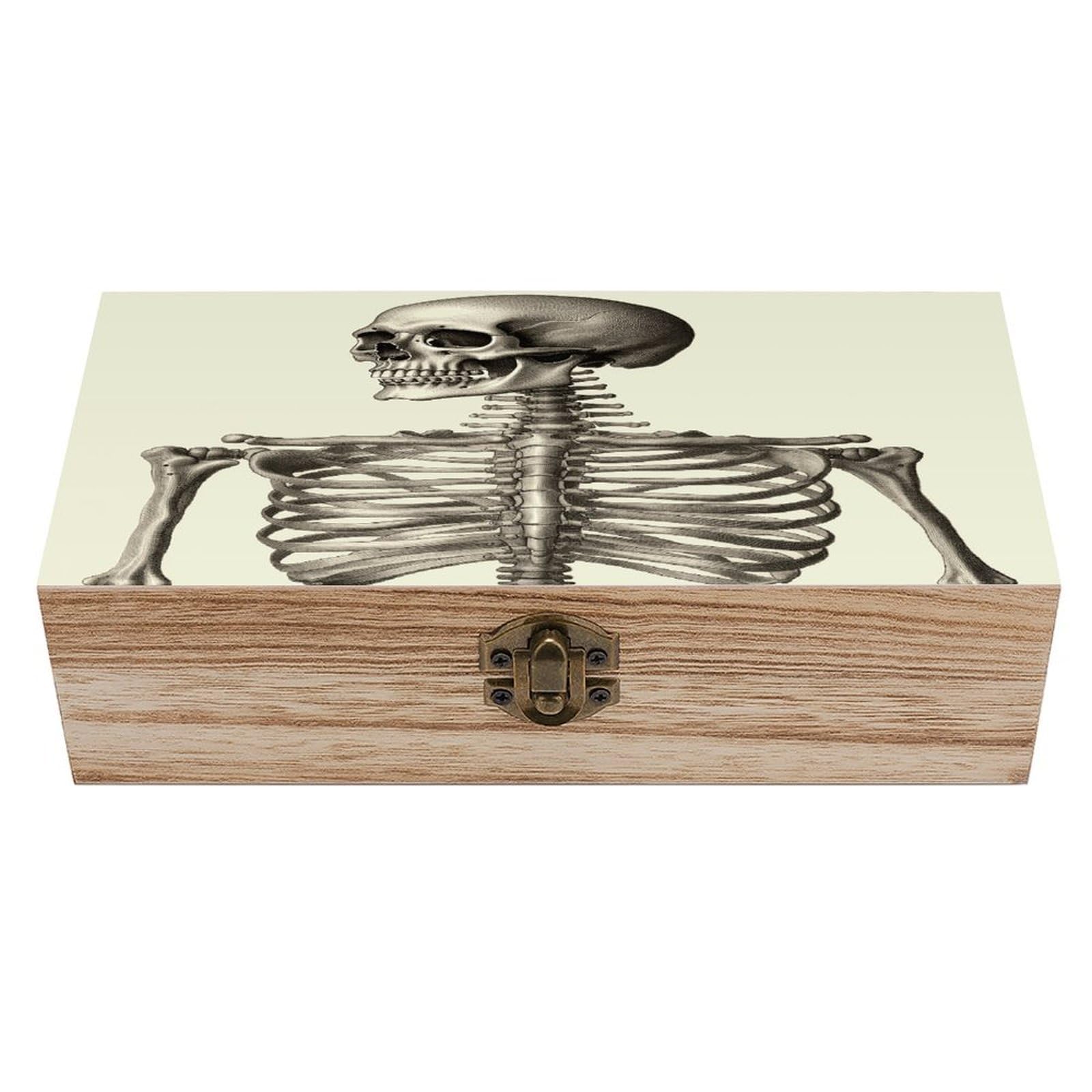 Btcowzrv Style Human Skeleton Wooden Storage Box, Keepsake Box With Hinged And Retro Lock, Wood Jewelry Organizer For Photos & Mementos And Home Decor