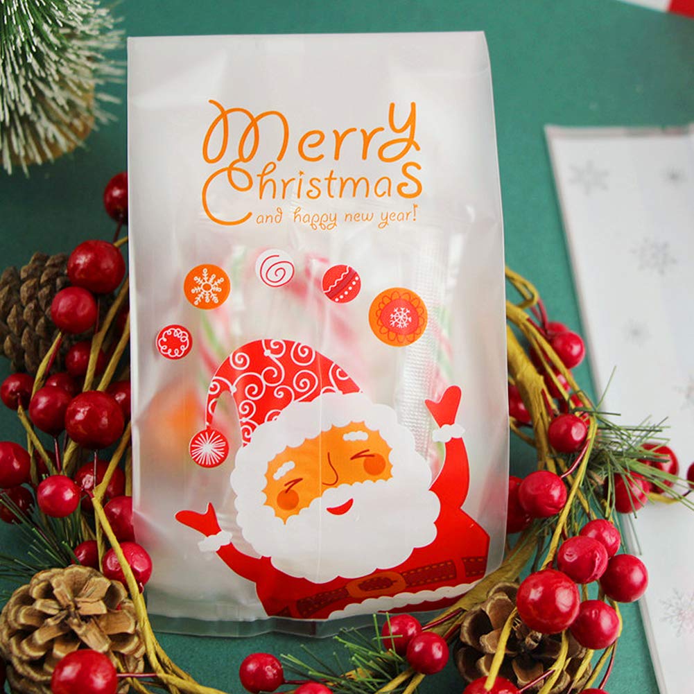 Sacchetti di Biscotti di Natale 50 Pezzi Sacchetti per Regali traslucidi con Adesivi Sacchetti di plastica di Babbo Natale per Torta Caramelle Snack al Cioccolato Panetteria Pane Cupcake-senza adesivi