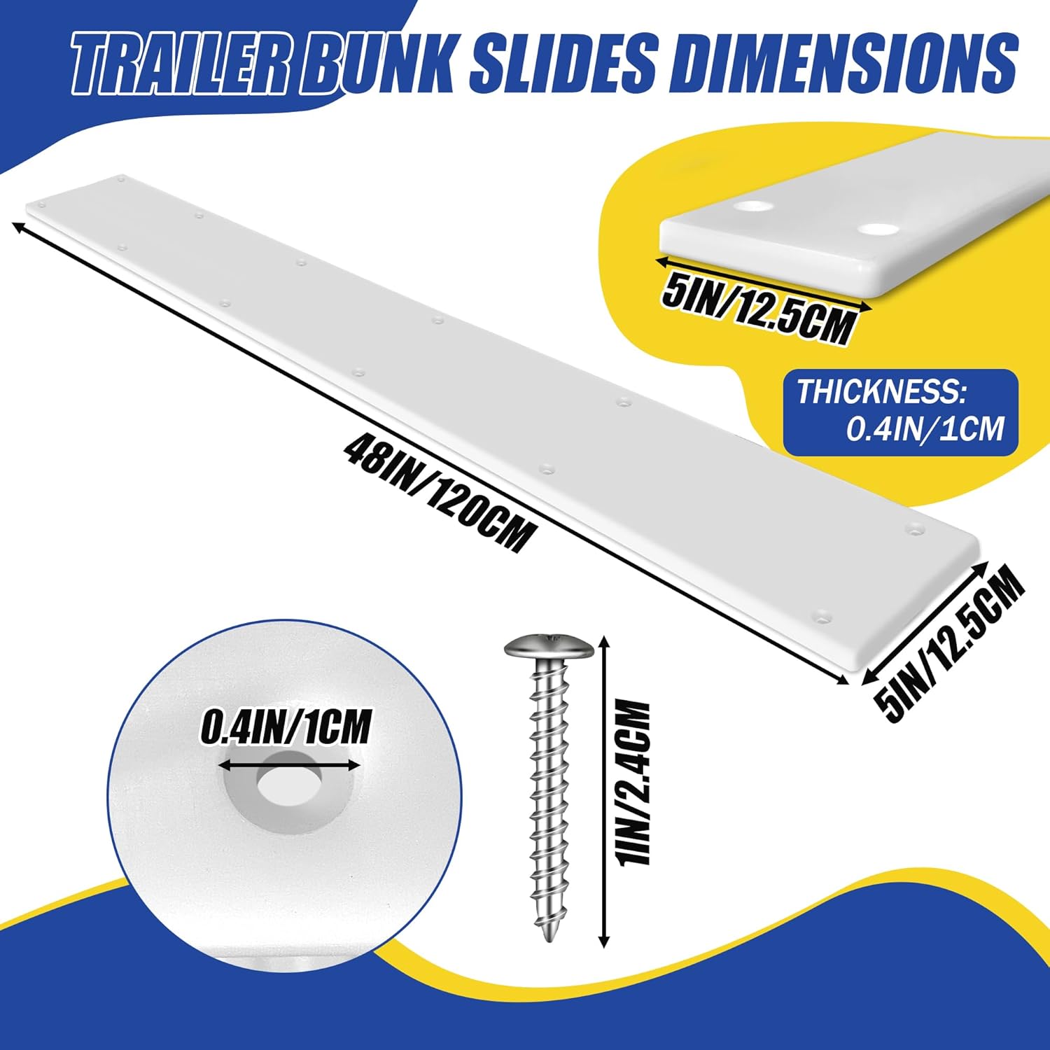 48" X 5" PE Trailer Bunk Glides, Heavy Duty Boat Trailer Bunk Slide Pads with Screws and 12 Holes, Smoother Boat Trailer Glide Bunk Enders for Loadings and Launches Easier