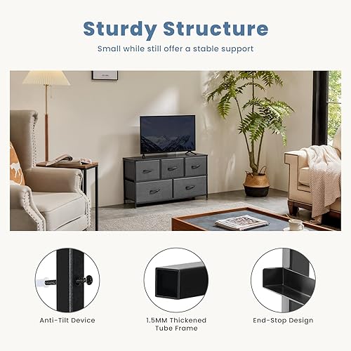 Vista 59 de DUMOS Cómoda para dormitorio, 4 cajones, organizador de cofres altos de tela, muebles de torre con marco de metal superior de madera para sala