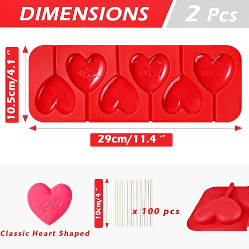 Miniatura 3 de Webake Moldes para piruletas de corazón, 6 agujeros en forma de lechón de chocolate con palos, silicona para cake pop, decoraciones, paquete de 2