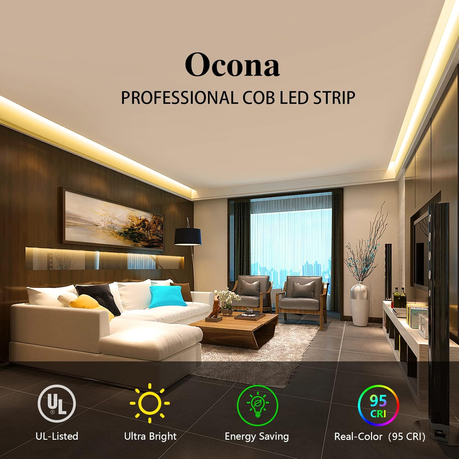 COB LED Strip Lights Warm White 3000K,23ft 7500lm Super Bright Flexible LED Tape Light for Bedroom, Party, Festival Indoor Decor, CRI90, DC24V (Power Supply Not Included)
