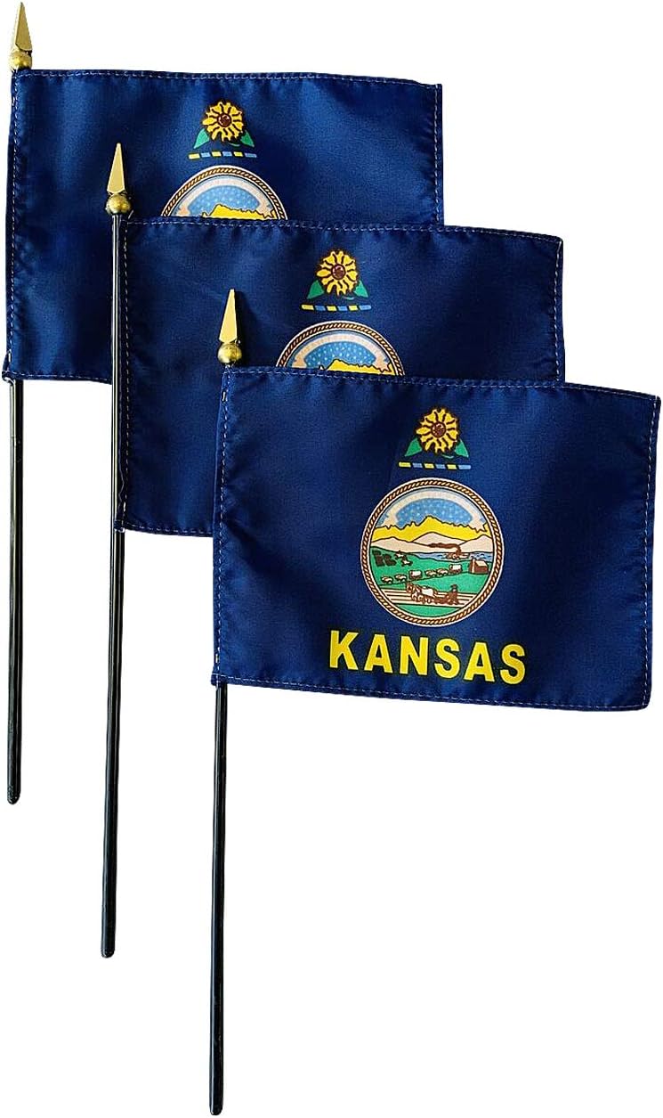 Set of 3 4x6" E-Gloss Kansas Stick Flag with Plastic Table Base - Made in the USA