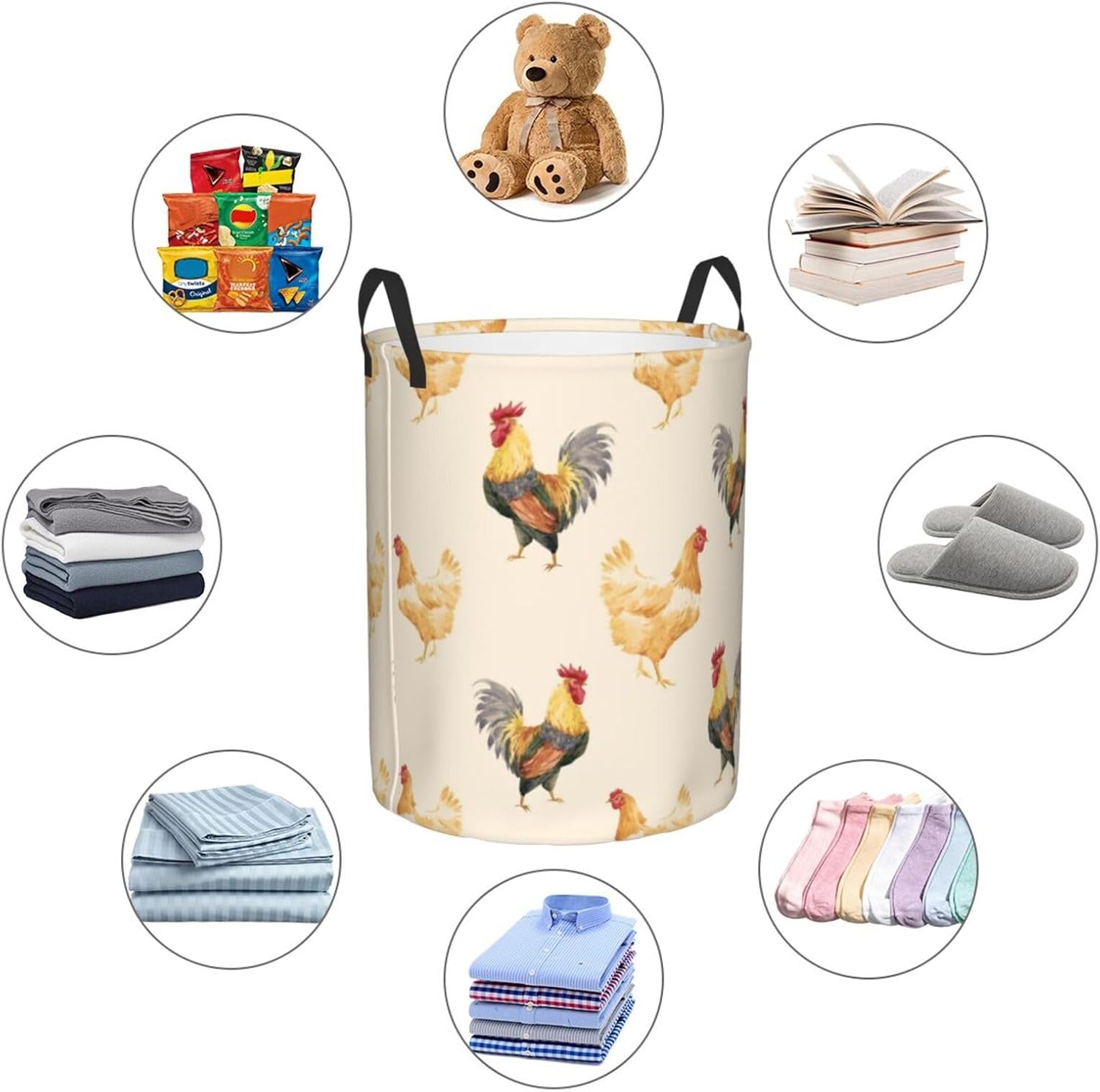Cock Rooster Chicken Laundry Hamper with Durable Handle Waterproof Foldable Laundry Basket Round Storage Basket Organizer for Bedroom Bathroom and Nursery
