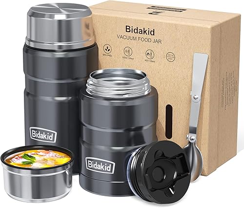 Miniatura 9 de Juego de tarros de alimentos aislados – Contenedores de acero inoxidable de 25.4 onzas y 17 onzas con cuchara plegable y bolsas de transporte – A