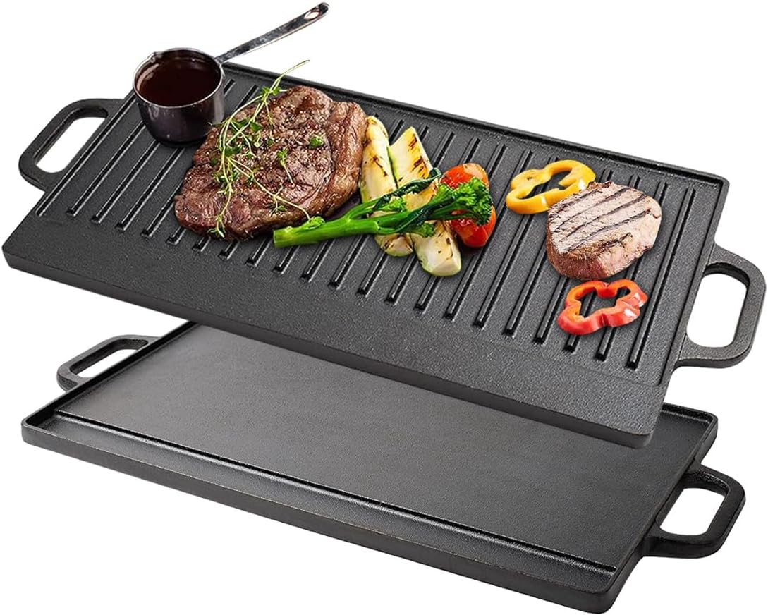 Reversible Grill Griddle Pan Rectangular Cast Iron Grill Plate, Nonstick Grill Pan with Handles Preseasoned Double Burner Griddle for Gas Grills Stove Top, Heavy Duty Cooking Skillet Grill Camping BBQ