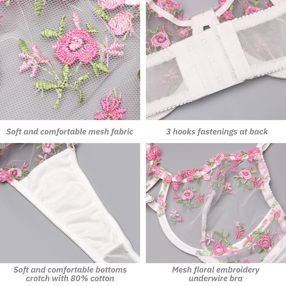 Conjuntos de lencería Sexy con Aros y Bordado Floral para Mujer, 2 Piezas con Sujetador de Malla Transparente y Panty de Cintura Alta, Ropa de Dormir Transparente con realce, Ropa Interior con Correa