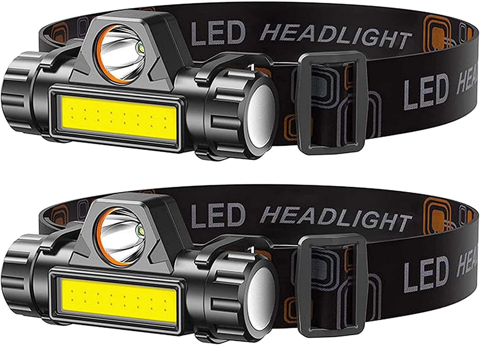 2 Pack Rechargeable Forehead Head Light - Night Walking Construction Headlamp USB 2000 Lumens Waterproof LED Lights Rotation Adjustment Modes for Camping Fishing Garage Work Headlight Flashlight