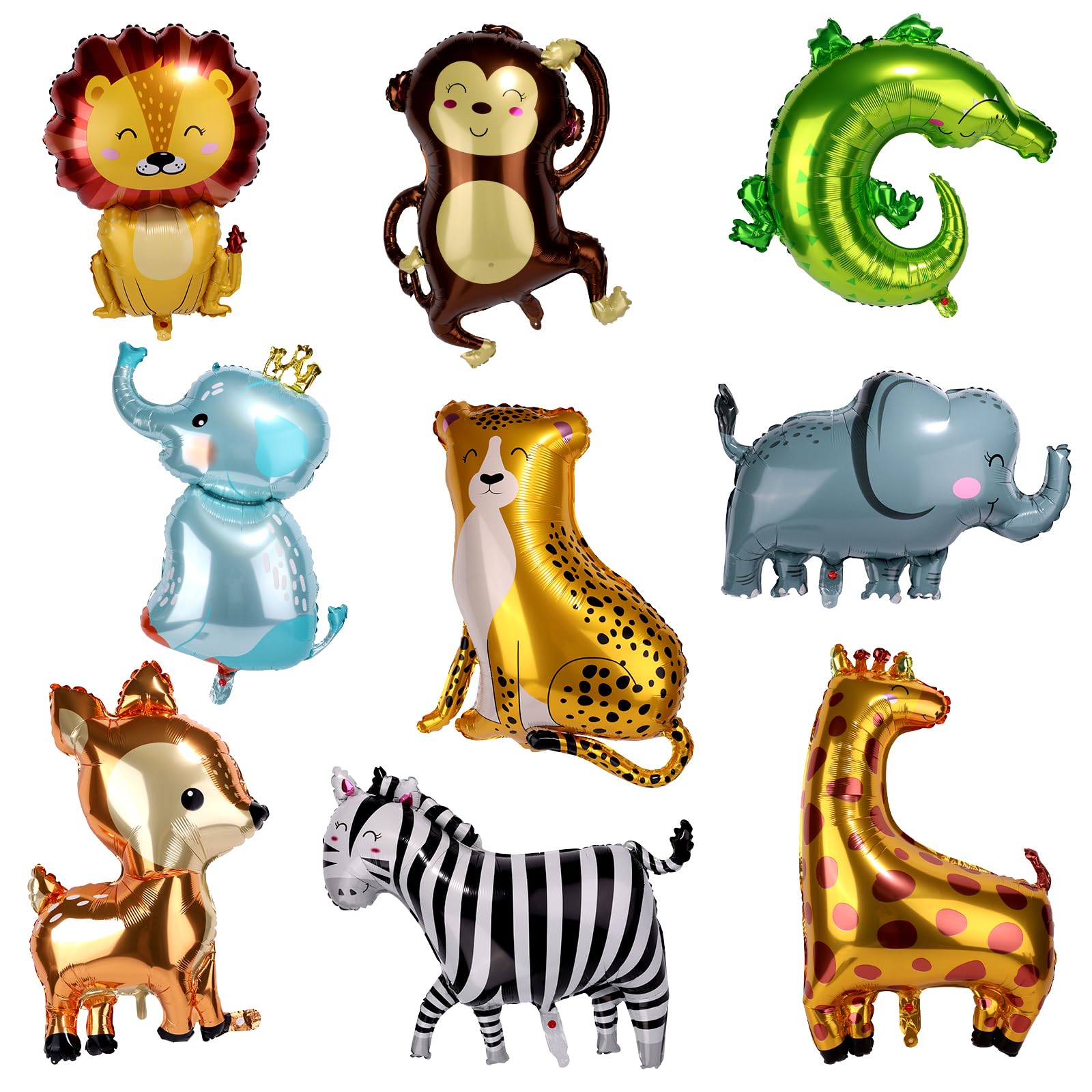 Tinoaly 9 Pcs Jungle Safari Animal Balloons, Large Giraffe Tiger Lion Monkey Elephant Zebra Forest Wild Animal Shaped Foil Balloons for Jungle Theme Kids Birthday Party Baby Shower Decorations