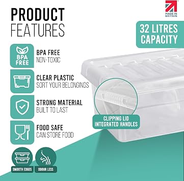 Klass 4 PCS 32L Underbed Plastic Storage Boxes With Lids, Clear Storage Box