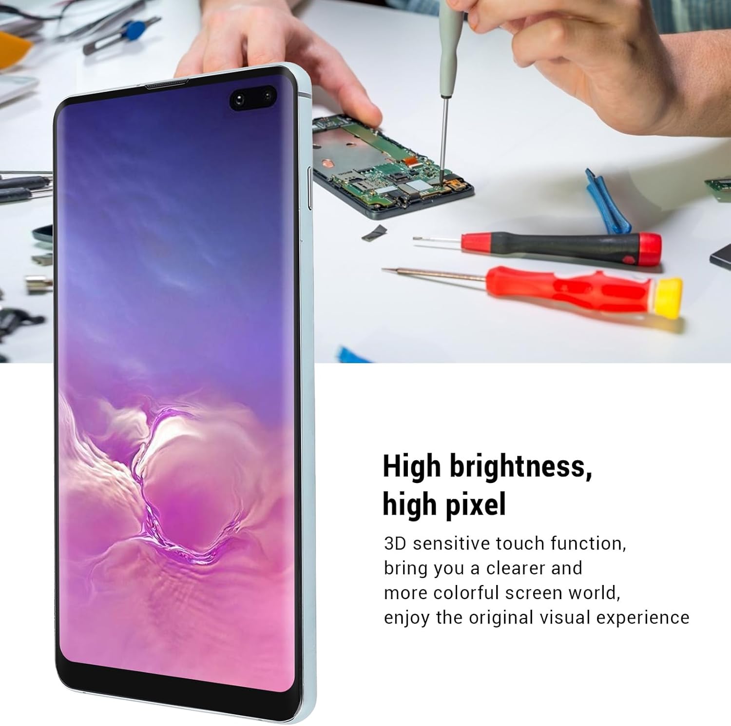 Screen Replacement for S10 Plus SMG975F DS SMG975U G975W G975A 6.4 inch LCD Digital Display Touch Screen Digitizer Assembly Support Fingerprint, with Frame, Repair Tools