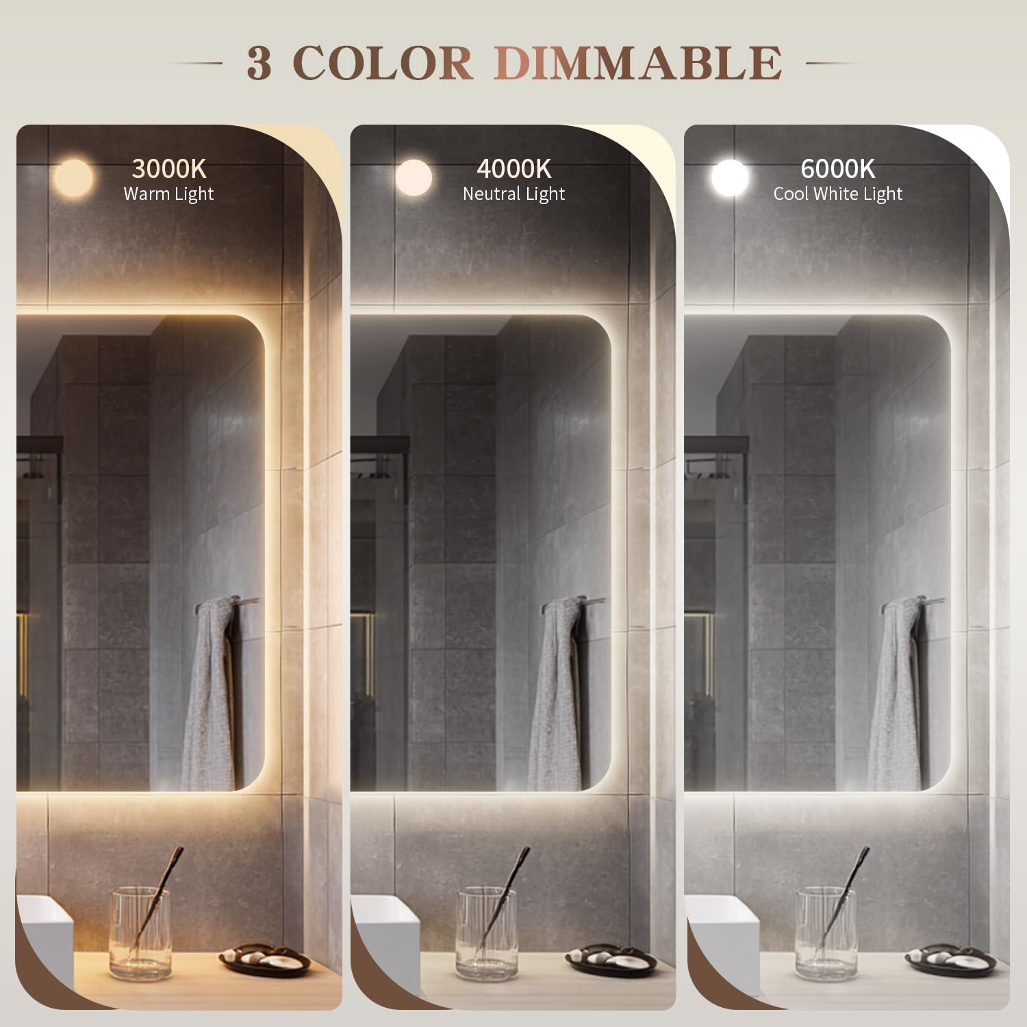 EOGOW Specchio retroilluminato per bagno, 91,4 x 61 cm, specchio da bagno retroilluminato a LED da parete con anti-appannamento, dimmerabile continuo, 3 luci colorate, alto lumen, certificato UL