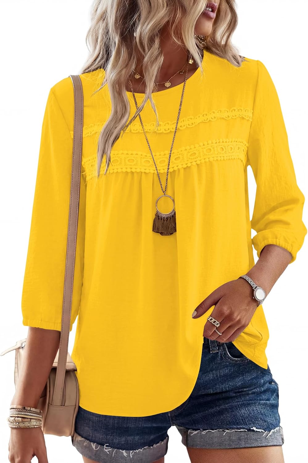 Ivicoer 3/4 Length Sleeve Womens Tops Crewneck Dressy Casual Chiffon Blouses Flowy Lace Boho Clothing Trendy 2026 - Image 2