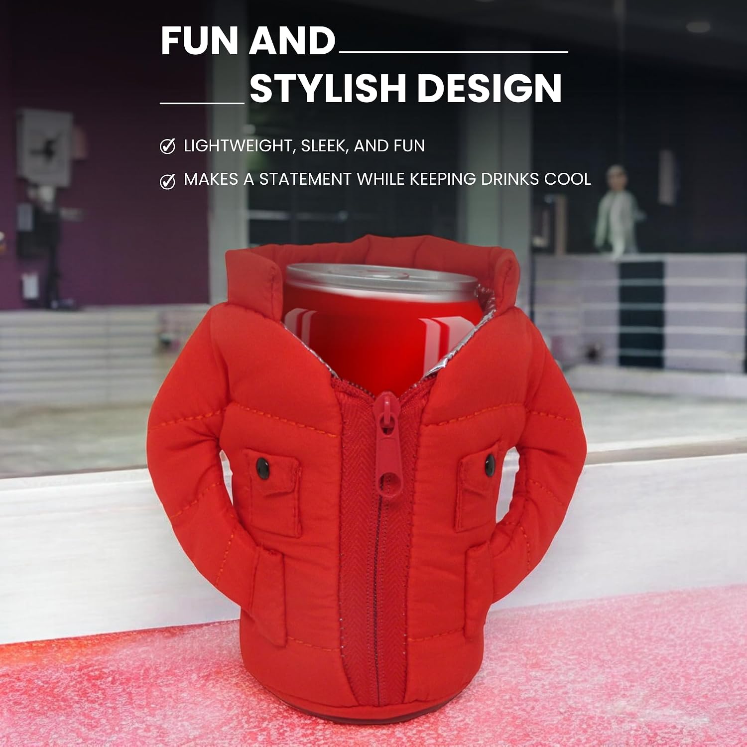 Gadgetime USA Can Cooler Vest - Insulated Beverage Cooler - Can Cover - Reusable Zip Up Can Jacket - Cute Sleeve for Canned Beverages & Beer - Funny Gift for Friends & Family - Red image 5