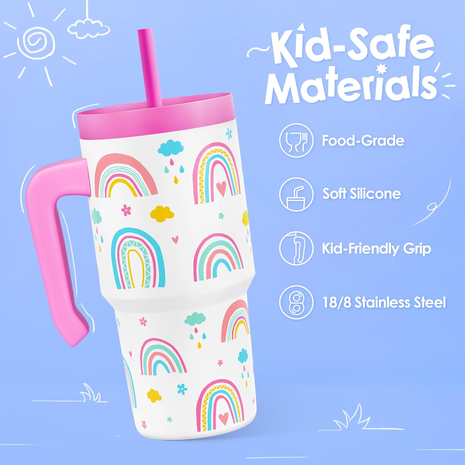 Rainbow Tumbler 20oz with Handle and Silicone Straw Lid for Kid, Insulated Stainless Steel Cup, Gift for Kids Girls, Gifts Idea for Birthday Christmas Back to School - Image 2