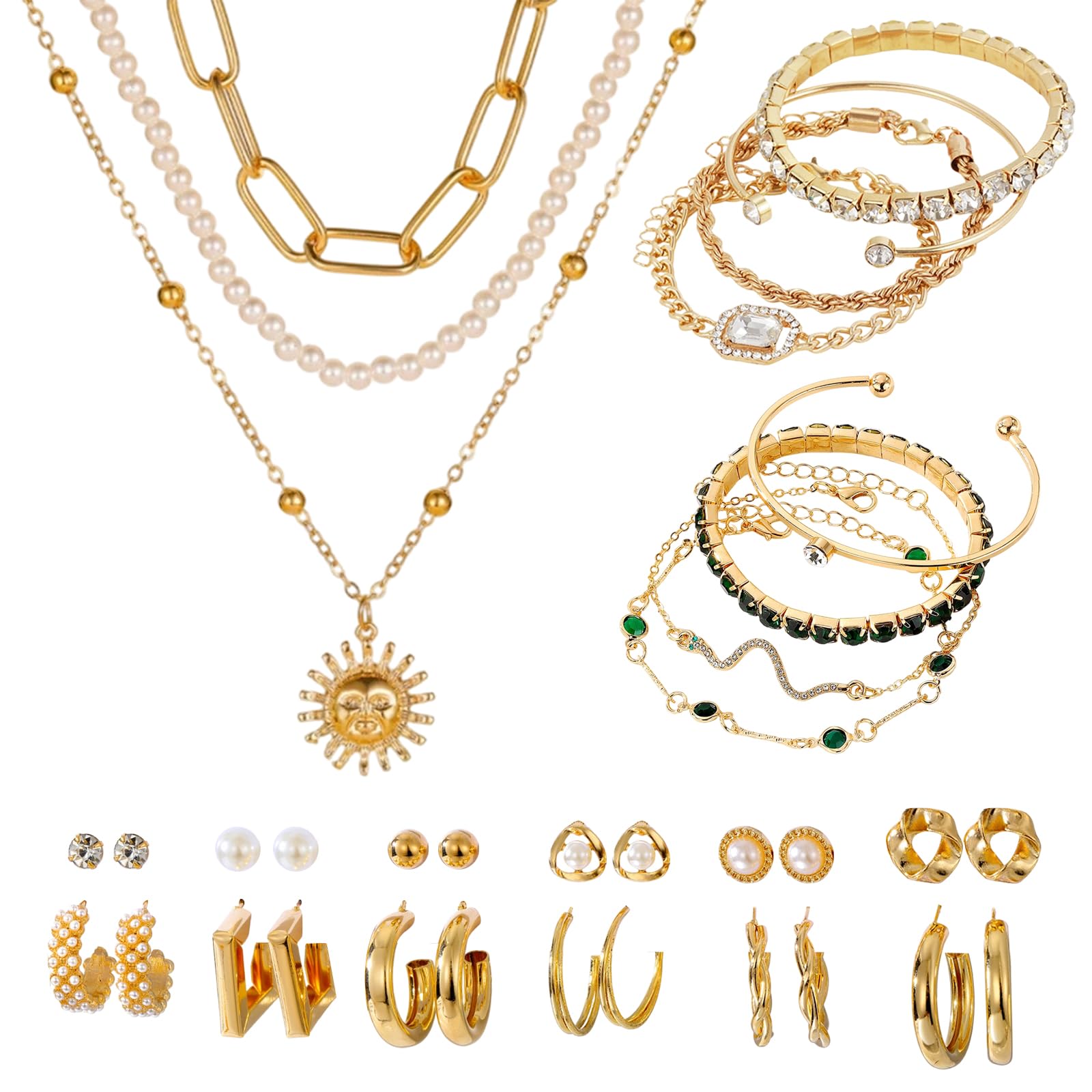 33 Piezas Joyas de Mujer, Brazalete Dorado, Conjunto de Joyas de Plata Para Mujer, Collar, Pulseras, Pendiente, Joyería y Colgante para Mujeres