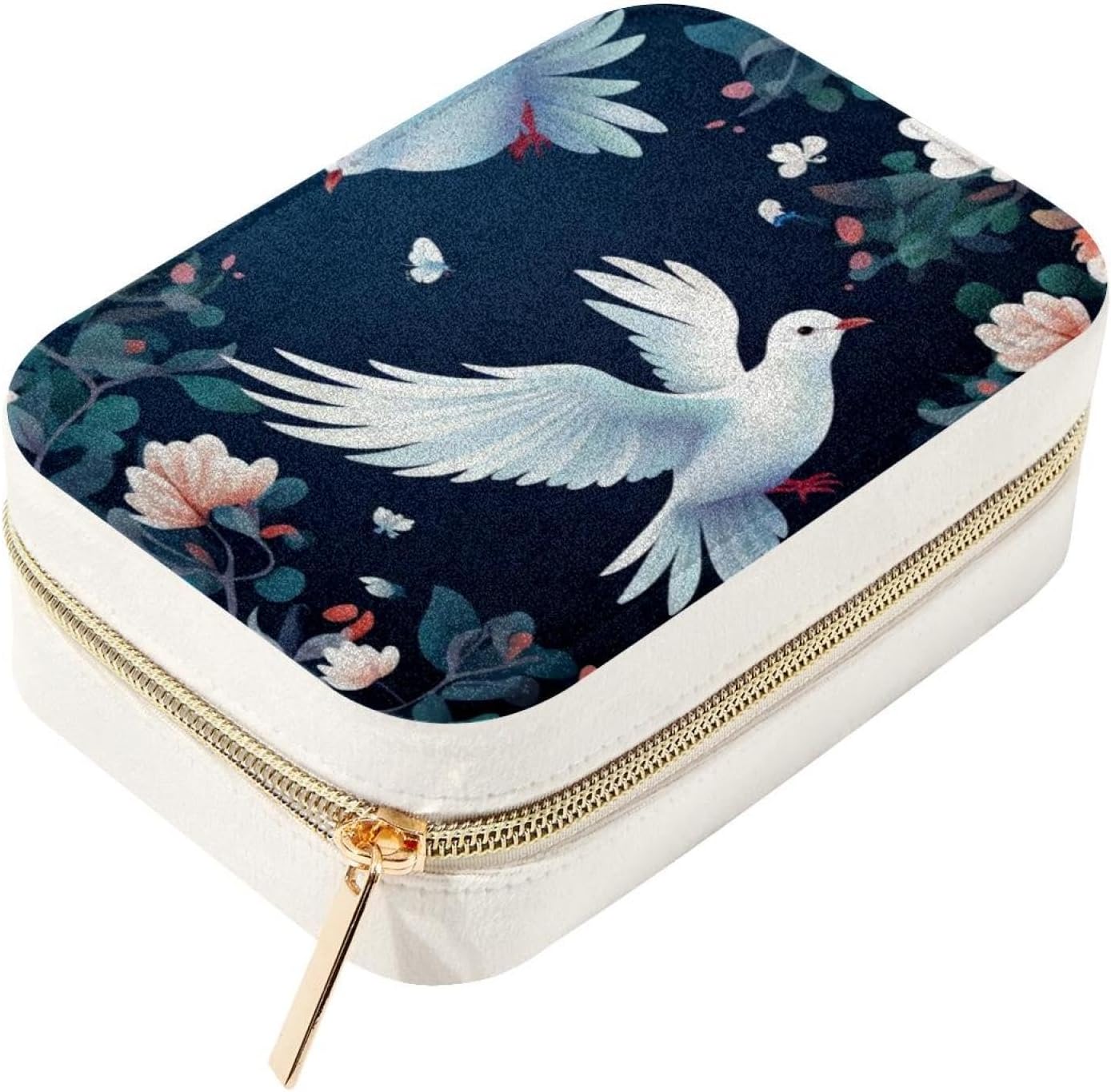 Peace Dove Flower Pattern Small Jewelry Box, Double Layer Travel Jewelry Organizer for Women Girls