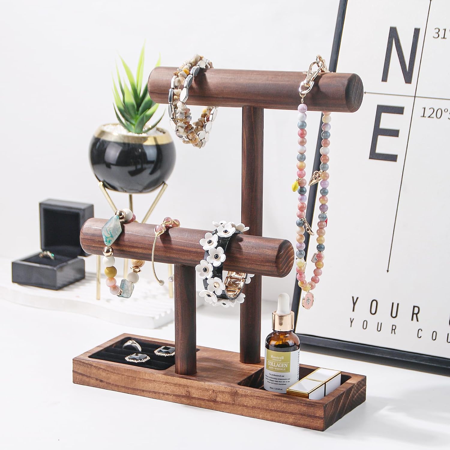 Bracelet Holder, Bracelet Display Stand for Vendors, T-Bar Necklace Scrunchie Wooden Storage Rack, Bangle Watch Jewelry Display Tower (2 Tier) - Image 7